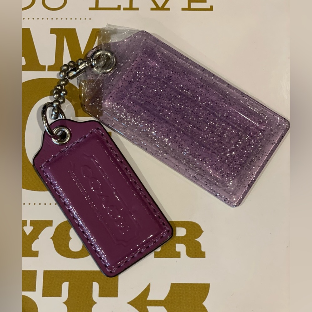 COACH EUC Poppy Purple Patent Leather AND Purple Clear Sparkle Hangtag Set Of 2 - Picture 9 of 9